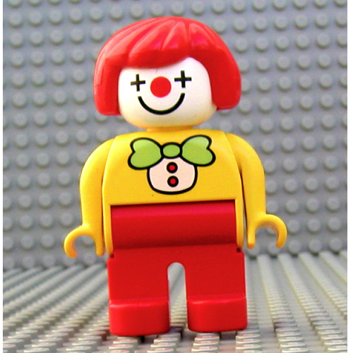 Lego Duplo Figure, Early, Hair Bob Red, Red Legs, Light Green Bow Tie, Clown Face Print / Yellow