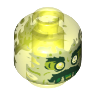 Lego Minifig Head Ghost, with Yellowish Green Face, Bushy Eyebrows, Moustache and Flames in Back Print / Trans-Neon Green