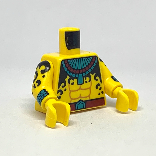 Lego Torso Bare Chest with Large Dark Azure and Dark Red Necklace, and Dark Red Belt with Dark Azure Buckle Print, Yellow Arms and Hands with Cuffs and Black Spots Print / Yellow