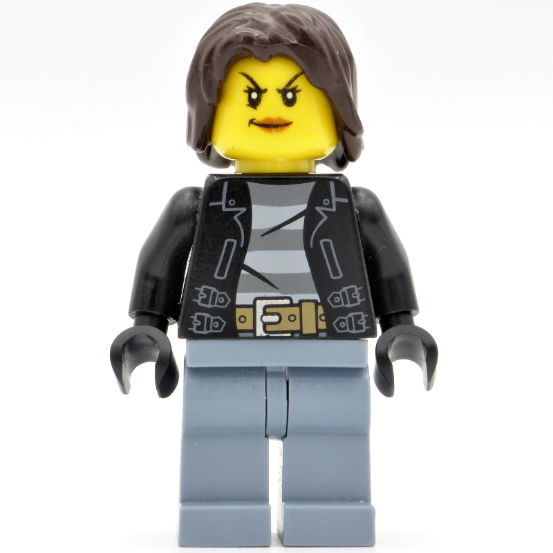 Lego Criminal Monica Million, Woman, Open Black Jacket over Prison Shirt, Dark Brown Hair