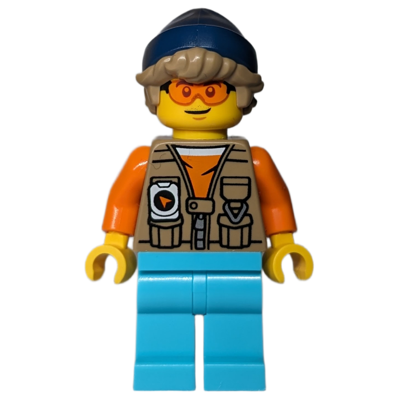 Lego Train Driver, Dark Tan Vest, Medium Azure Legs, Dark Blue Hat
