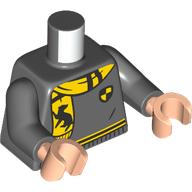 Lego Torso, Sweater, Yellow/Black Trim, Crest, Scarf with Badger print, Dark Bluish Gray Arms, Light Nougat Hands / Dark Bluish Gray