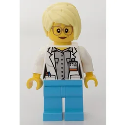 Doctor Mink, Woman, Open White Jacket over Light Bluish Gray Shirt with Pockets and ID Badge, Bright Light Yellow Hair, Glasses