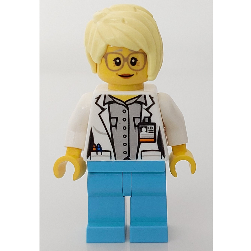 Lego Doctor Mink, Woman, Open White Jacket over Light Bluish Gray Shirt with Pockets and ID Badge, Bright Light Yellow Hair, Glasses