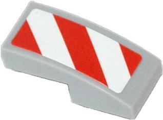 Lego Slope, Curved 2 x 1 x 2/3 with Red and White Danger Stripes (Red Corners) Pattern Model Left Side (Sticker) - Sets 60056 / 60152 / 60223 / Light Bluish Gray