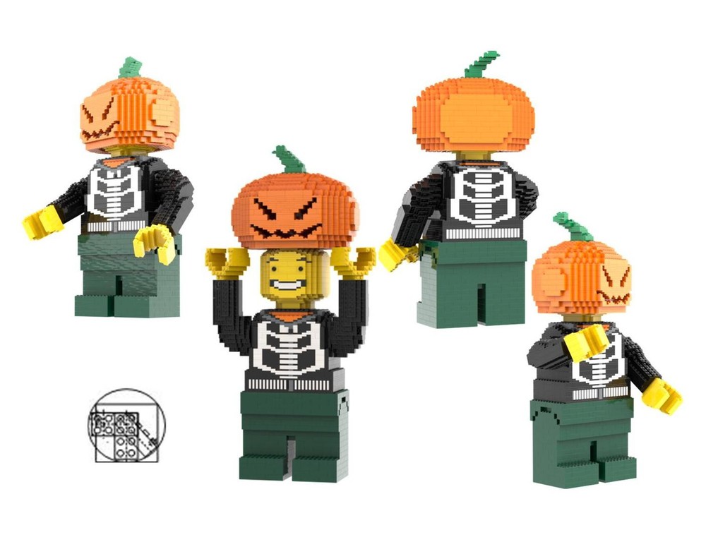 Lego Maxi Figure Little boy, skeleton black hoodie, dark green legs and pumpkin headgear