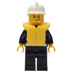 Fireman, Black Fire Jacket with Reflective Stripes, Radio, and Badge, White Helmet, Yellow Life Vest 2610