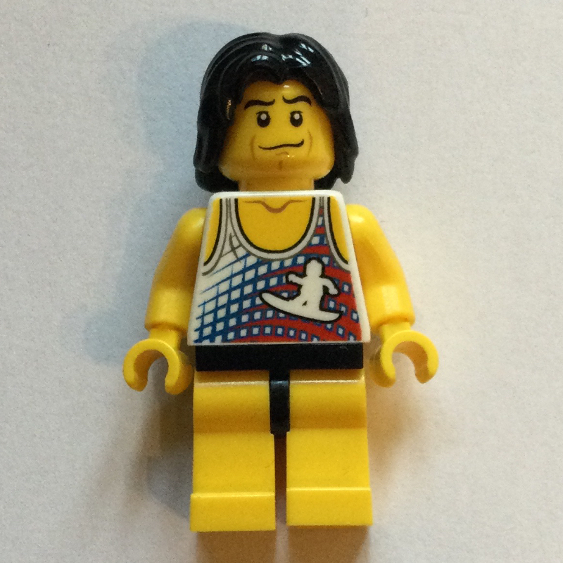Lego Surfer, White Tank Top with Surfer, Yellow Legs, Black Hair