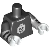 Torso, Dual Molded Arms, Shirt with White Minifig Head Skull Print, Black Sleeves Pattern, Light Bluish Gray Arms with Black Stripes Print, White Hands / Black