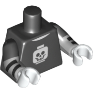 Lego Torso, Dual Molded Arms, Shirt with White Minifig Head Skull Print, Black Sleeves Pattern, Light Bluish Gray Arms with Black Stripes Print, White Hands / Black