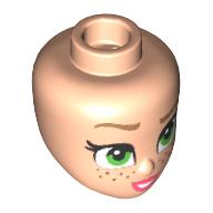 Lego Minidoll Head with Dark Tan Eyebrows, Bright Green Eyes, Freckles, Coral Lips print / Light Nougat