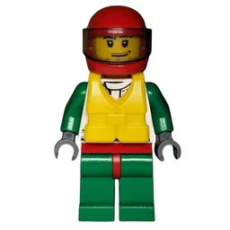 Racer, White and Green Jacket with Octan Logo, Red Helmet with Trans-Brown Visor, Yellow Life Vest, Stubble