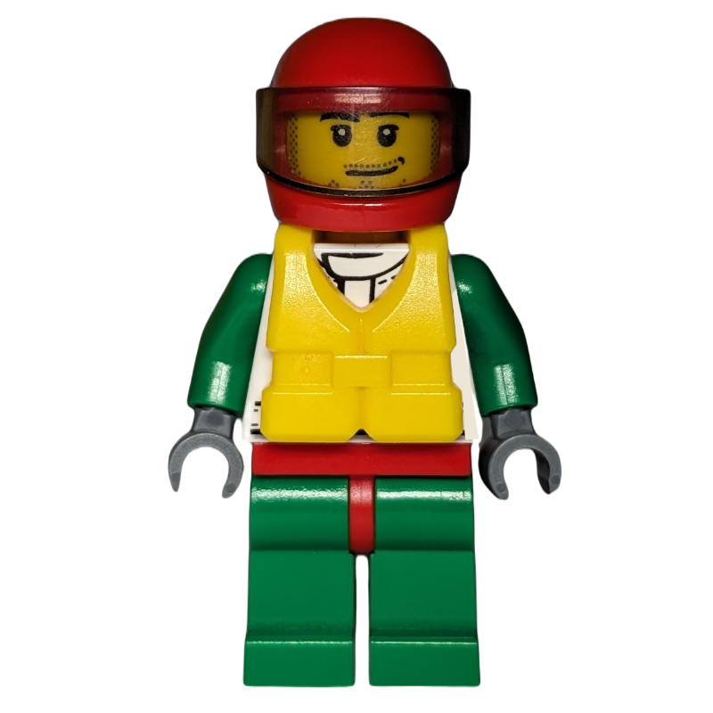 Lego Racer, White and Green Jacket with Octan Logo, Red Helmet with Trans-Brown Visor, Yellow Life Vest, Stubble