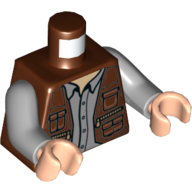 Lego Torso Vest Jacket, Open over Light Bluish Gray Shirt, Pockets and Zippers Print, Light Bluish Gray Arms, Light Nougat Hands / Reddish Brown