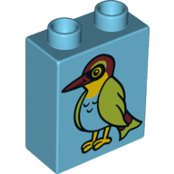 Lego Duplo Brick 1 x 2 x 2 with Bottom Tube and Bird with Medium Azure Chest and Green Wings Print / Medium Azure