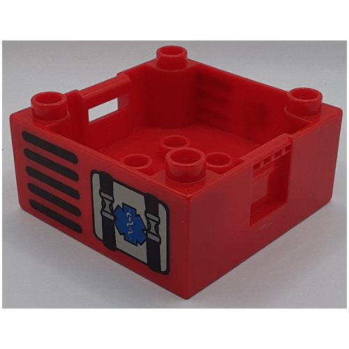 Lego Duplo Container Box 4 x 4 with Studs on Corners with Rescue / Staff of Asclepius Print (4681) / Red