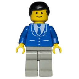 Man, Blue Jacket with Tie and Three Buttons, Light Gray Legs, Black Hair
