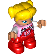 Lego Duplo Figure Child with Ponytails and Bangs Yellow, with Red Coveralls with Star on Pocket over Striped Top with White Sleeves Print - Nougat Face and Hands - Red Legs / Bright Pink