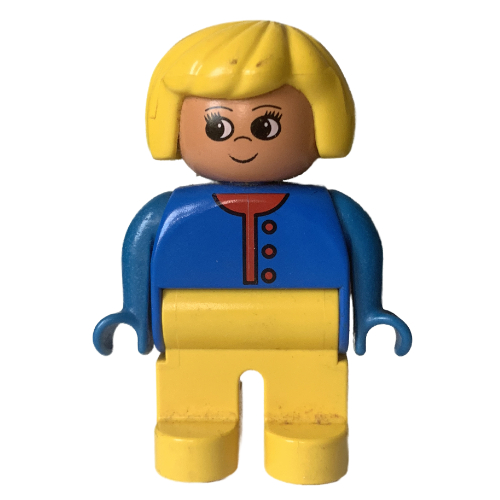 Lego Duplo Figure, Early, Hair Bob Yellow, Yellow Legs, Red Buttons and Undershirt Print / Blue