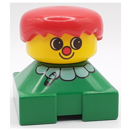 Lego Duplo 2 x 2 x 2 Figure Brick, Spiky Bangs, Red Hair, White Collar, Red Nose Print / Green