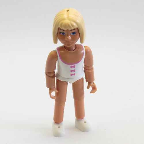 Lego Belville Figure Articulated Elbows, Child, Female, Light Yellow Hair, White Swimsuit with Dark Pink Bows Print / Nougat
