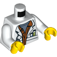 Lego Torso Lab Coat with Sand Blue Undershirt and Test Tubes and Radio in Pockets Print, White Arms, Yellow Hands / White