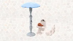 Umbrella, Table, and Chairs