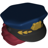 Lego Hair and Hat, Bun, Police with Dark Blue Top with Gold Badge and Laurel Print / Dark Red
