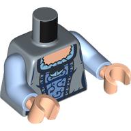 Lego Torso, Dress, Light Nougat Chest, Bright Light Blue Ruffles, Medium Blue Front, Dark Blue Decorations print, Bright Light Blue Arms, Light Nougat Hands / Sand Blue