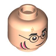 Lego Minifig Head Harry Potter, Black Glasses, Black/Coral Gills, Lightning Scar, Neutral/Angry Clenched Teeth print / Light Nougat