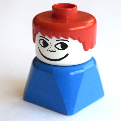 Lego Duplo 2 x 2 x 2 Figure Brick Early, Short Spiky Hair Red, Nose Freckles Print / Blue
