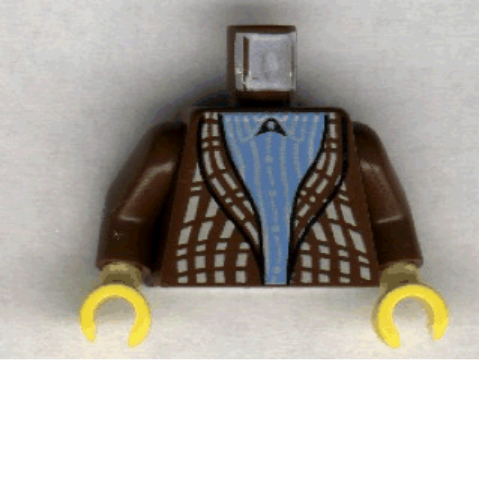 Lego Torso Cardigan Sweater over Blue Striped Shirt Print, Brown Arms, Yellow Hands / Brown
