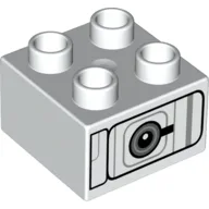 Duplo Brick 2 x 2 with Silver Lines and Black Circle Print / White