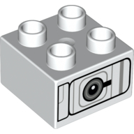 Lego Duplo Brick 2 x 2 with Silver Lines and Black Circle Print / White