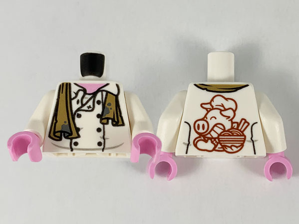 Lego Torso Chef Jacket, Dark Tan Dirty Towel with Dark Bluish Gray Splotches, Dark Red Pigsy Logo on Back Pattern / White Arms / Bright Pink Hands