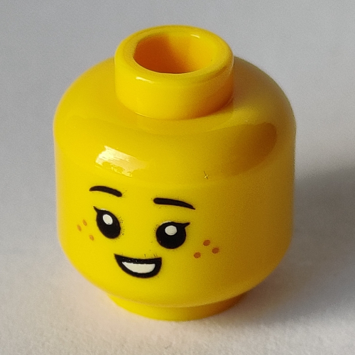 Lego Minifig Head, Eyelashes, Freckles, Crooked Smile / Open Mouth Smile print / Yellow