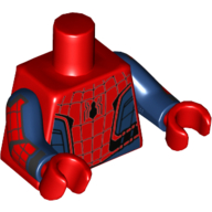 Lego Torso Bodysuit, Black Webbing and Spider Print, Red Spider Print on Back (Spider-Man), Dark Blue Arms with Black and Red Webbing Print, Red Hands / Red
