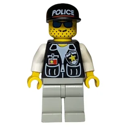 Policeman, Black Vest with Badge and Pockets, Light Gray Legs, Black Cap with 'POLICE', Blue Sunglasses