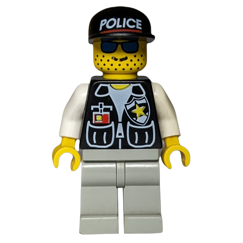 Lego Policeman, Black Vest with Badge and Pockets, Light Gray Legs, Black Cap with 'POLICE', Blue Sunglasses