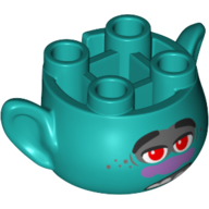 Lego Minifig Head Special, with Ears and 4 Studs on Top, with Face with Red Eyes, Purple Nose and Gray Eye Shadow Print (Branch) / Dark Turquoise