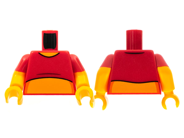 Lego Torso Shirt, Bright Light Orange Tummy and Neck Pattern / Bright Light Orange Arms with Molded Red Short Sleeves Pattern / Bright Light Orange Hands
