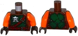 Torso Ninjago Green Armor with Belts, Ninja Skull with Crossed Swords and Scabbards Pattern / Orange Arms / Dark Brown Hands
