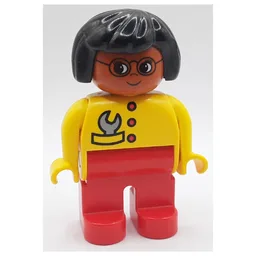 Duplo Figure, Early, Hair Bob Black, Red Legs, Red Buttons and Gray Wrench, Glasses Print / Yellow