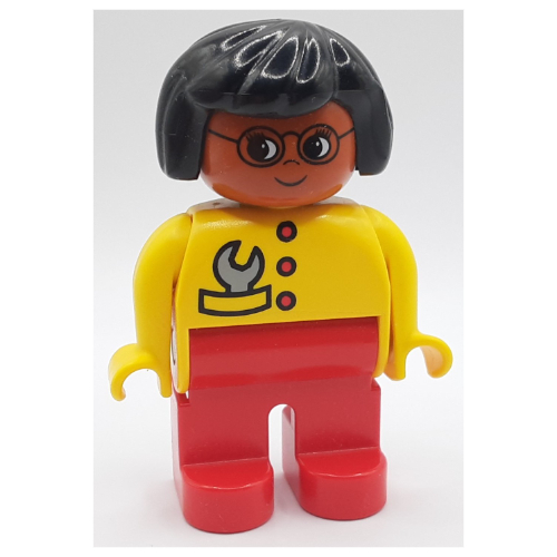 Lego Duplo Figure, Early, Hair Bob Black, Red Legs, Red Buttons and Gray Wrench, Glasses Print / Yellow