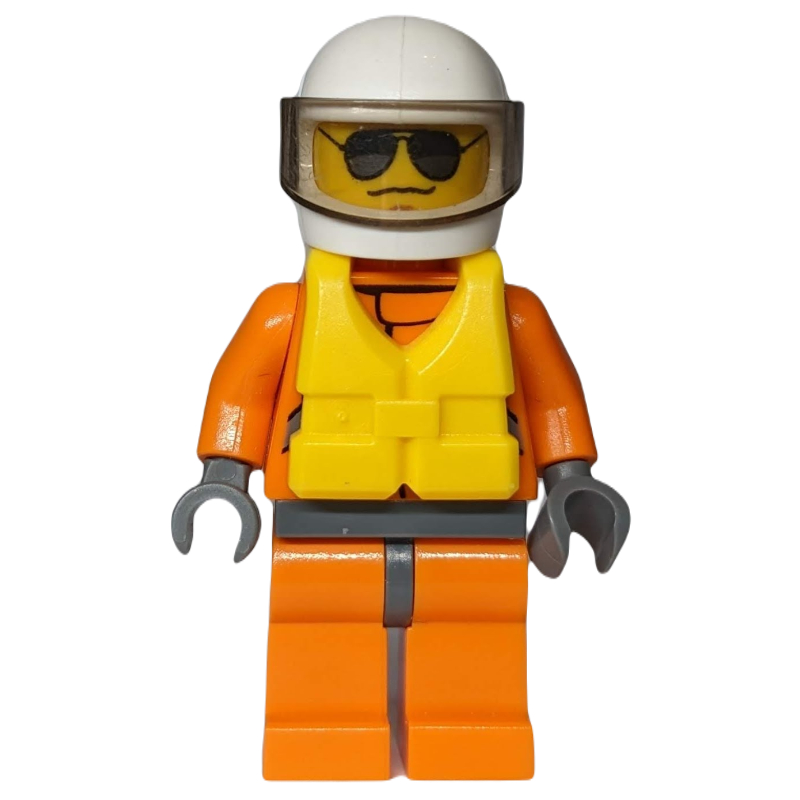 Lego Coast Guard, Orange Jumpsuit, White Helmet with Visor, Yellow Life Vest, Sunglasses