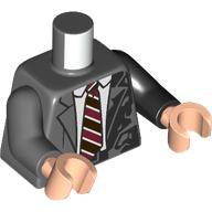 Lego Torso, Odd Arms, Suit, Jacket, White Shirt, Dark Red/Dark Brown Striped Tie, Black Splotches print, Left Black Arm, Right Dark Bluish Grey Arm, Light Nougat Hands / Dark Bluish Gray