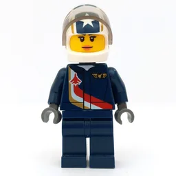 Pilot, Woman, Dark Blue Jumpsuit with Plane and Wings Badge, White Helmet with Stars and Visor