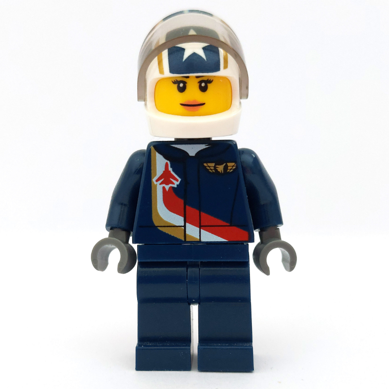 Lego Pilot, Woman, Dark Blue Jumpsuit with Plane and Wings Badge, White Helmet with Stars and Visor