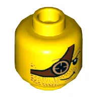 Minifig Head Ronin, Dark Red Stubble, Reddish Brown Eyepatch with Copper Eyepiece Print / Yellow