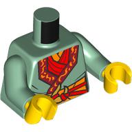 Lego Torso Robe, Dark Red Trim, Orange Belt print, Sand Green Arms, Yellow Hands / Sand Green